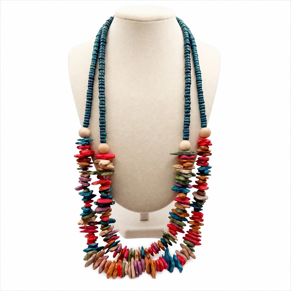 Boho Coconut Shell Wood Necklace Multicolor Double Strand Statement 22–26 in.